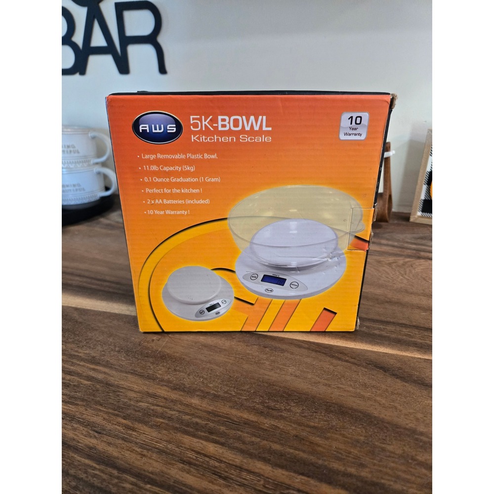 AWS 5K-BOWL Digital Kitchen Scale 11lb 5kg Capacity White with Removable Bowl